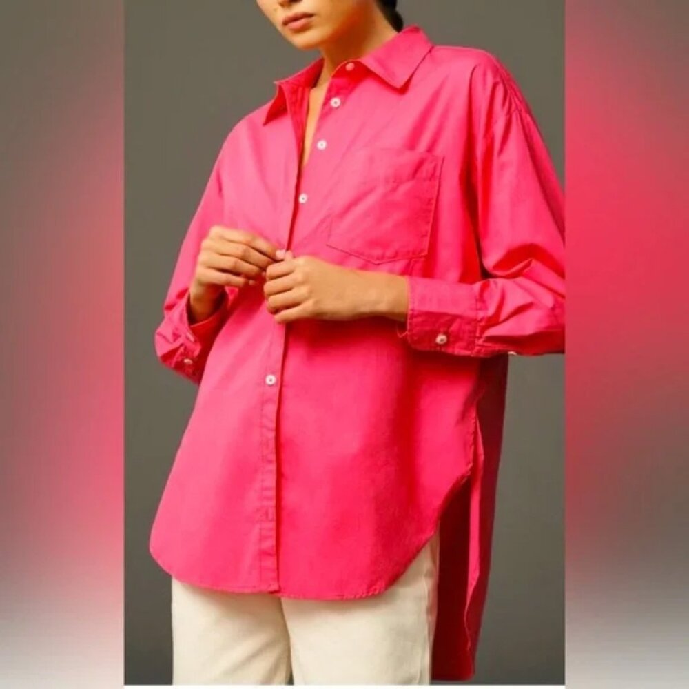 ANTHROPOLOGIE x MAEVE The Bennet Button Down Shirt Cotton Hot Pink Medium